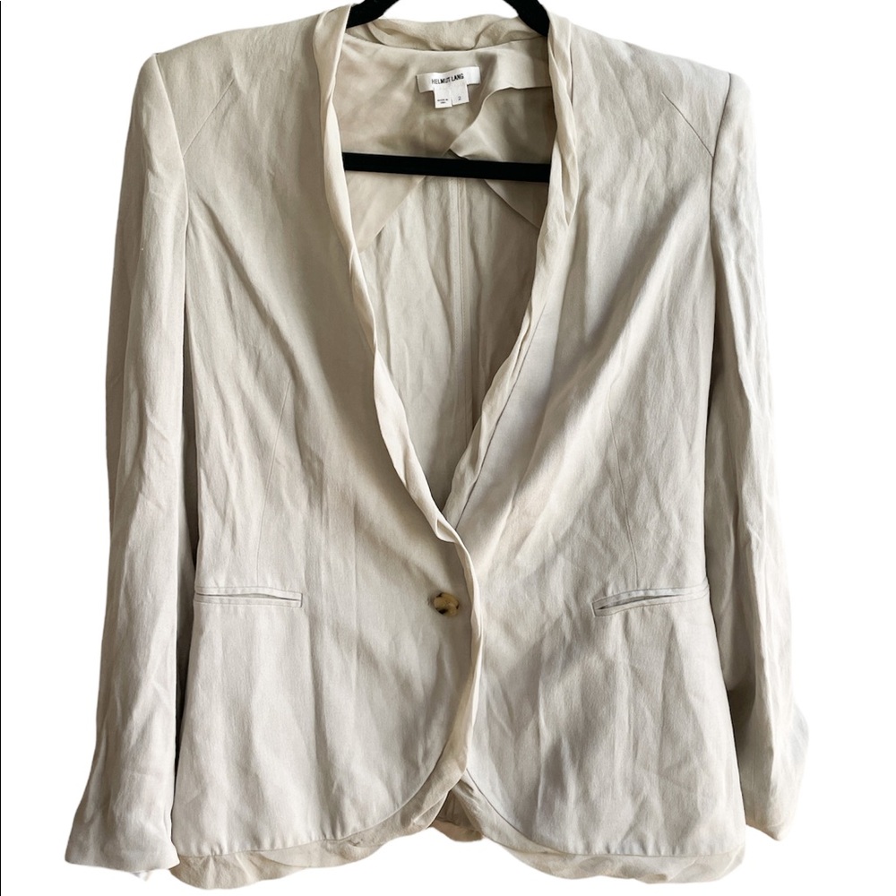 HELMUT LANG KHAKI SHOULDER PAD BLAZER W/ SILK SIZE:2